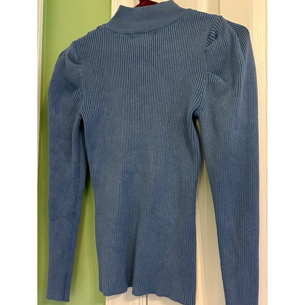 Tahari Ribbed Mock‎ Neck Puff Sleeve Sweater Blue Size S